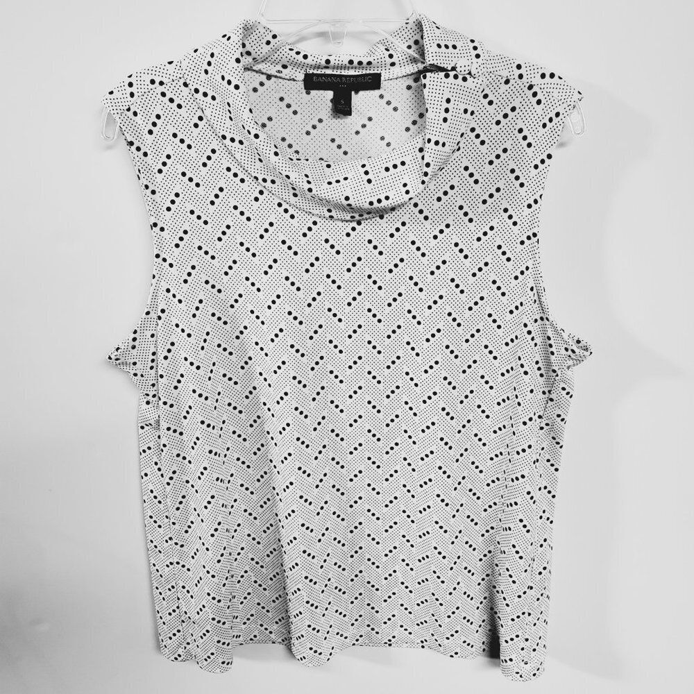 Sleeveless Cowl Neck (Fabric Buttons) Top - White With Black Polka Dots Sz S
